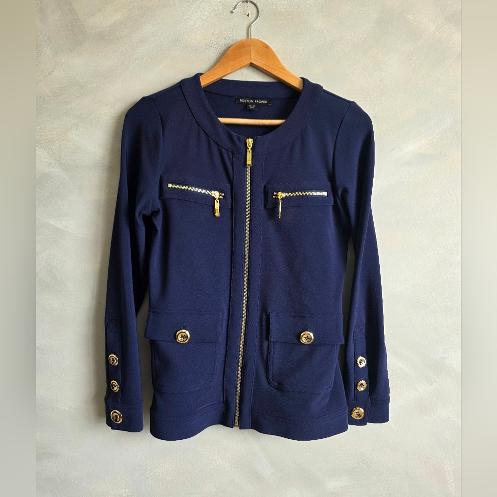 Boston Proper Maritime Navy Beyond Travel Chic Knit Jacket XS Gold Buttons
